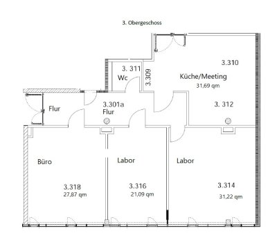 Grundriss: Moderne Labor- und Büroflächen zur Vermietung – voll ausgestattet, mit Aufenthaltsraum und Küche